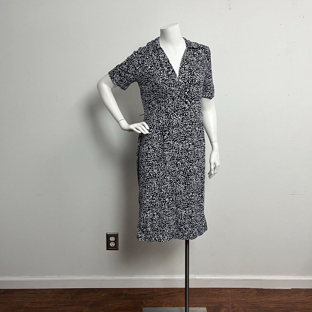 George Collared Dress Size Small Navy White Abstract Stretch Slinky MISSING BELT